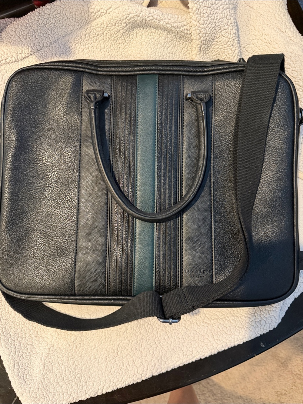 Ted Baker Black Leather Laptop Briefcase with Green Stripe
